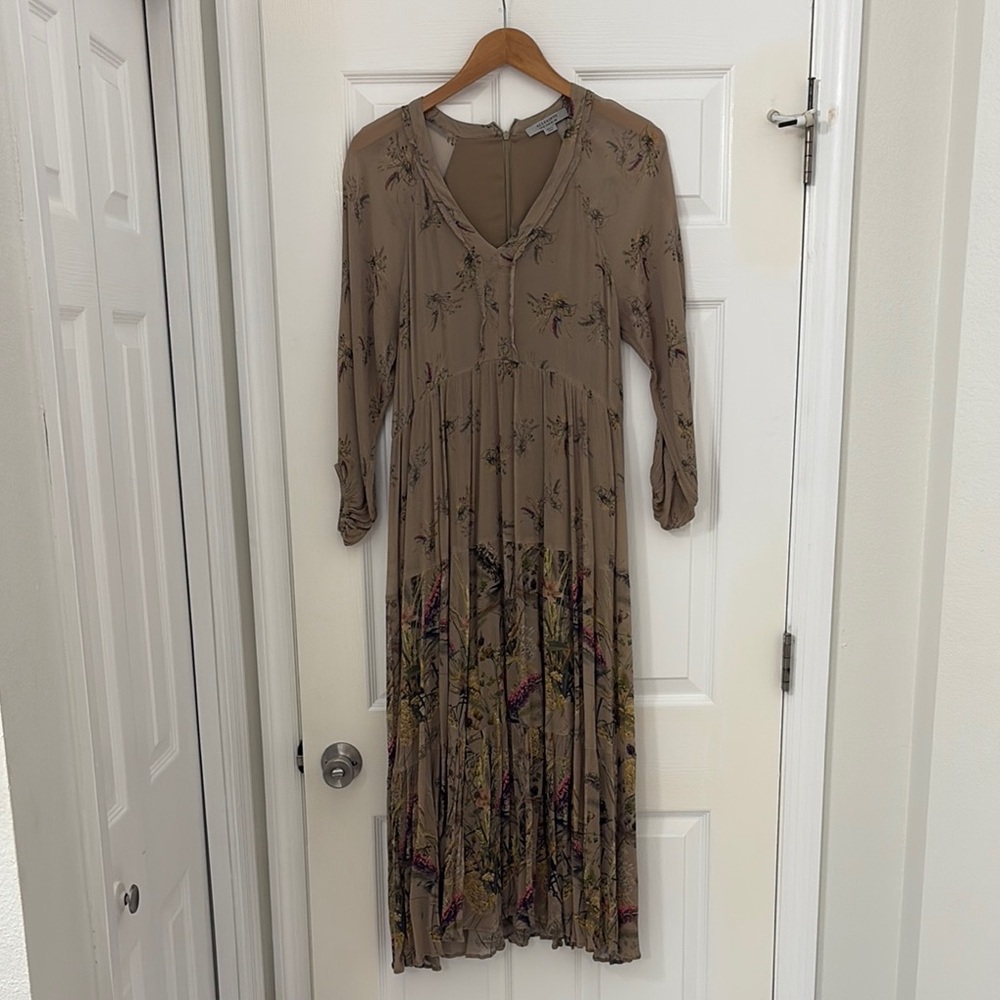All Saints Brown and Cream Long Sleeve V-Neck Sundress